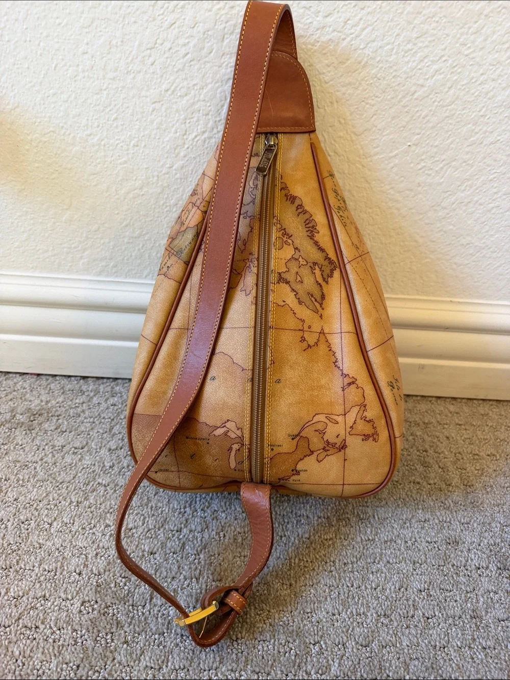 Vintage Alviero Martini 1A Classe Tan Map-Print Leather Sling Shoulder Bag